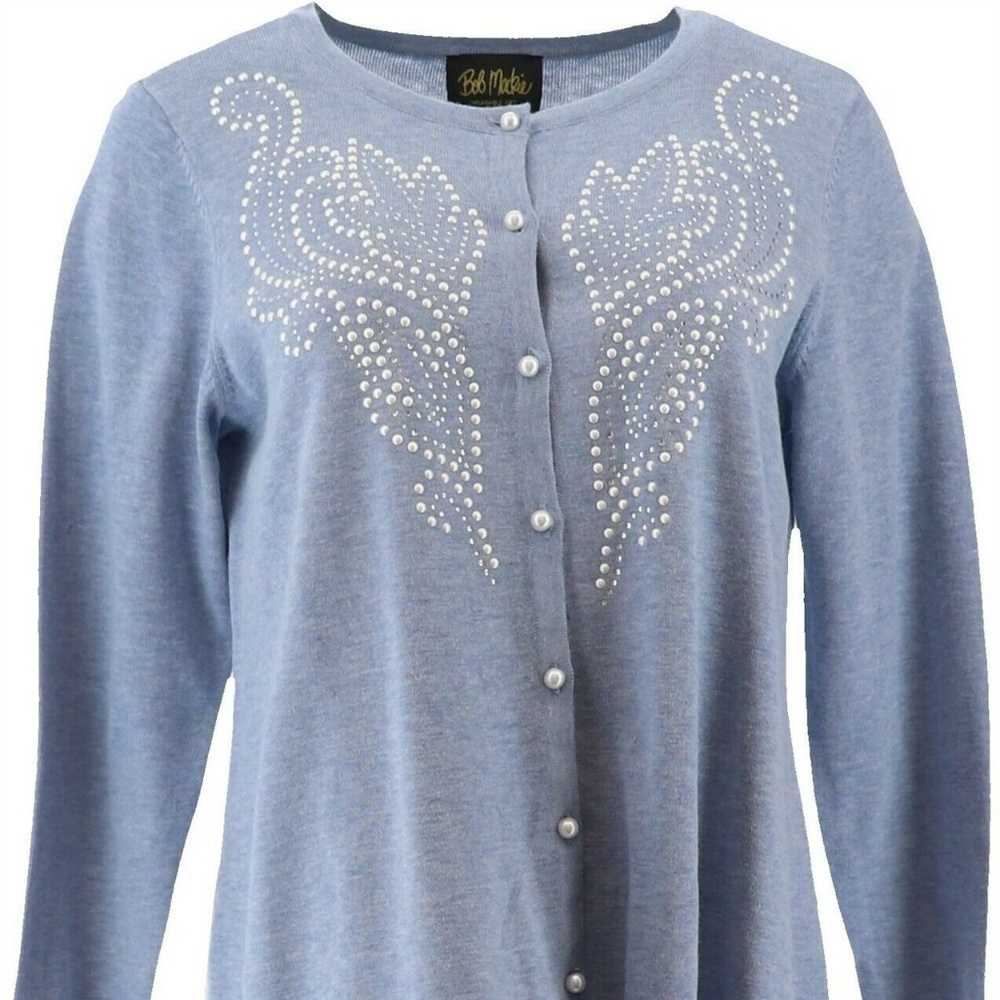 Lite Blue Scroll Design Pearl Embellished Cardigan